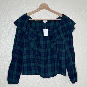 J. Crew Women's Flannel Squareneck Ruffle Plaid Cotton Long Sleeve Top PXS NWT